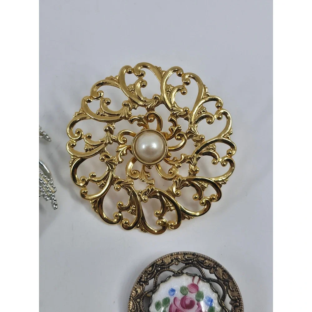 Vintage Brooch Lot 6pc Silver Gold Tone‎ Faux Pearl Filigree Floral Leaf Enamel